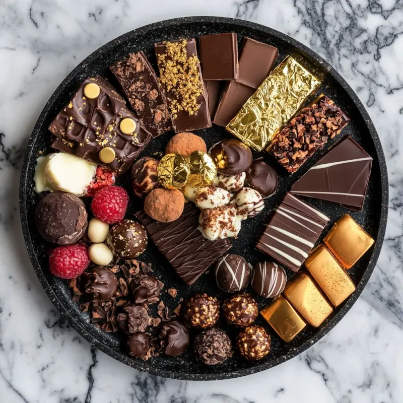 Platter of Dubai chocolates with gold leaf, pralines, and exotic spices