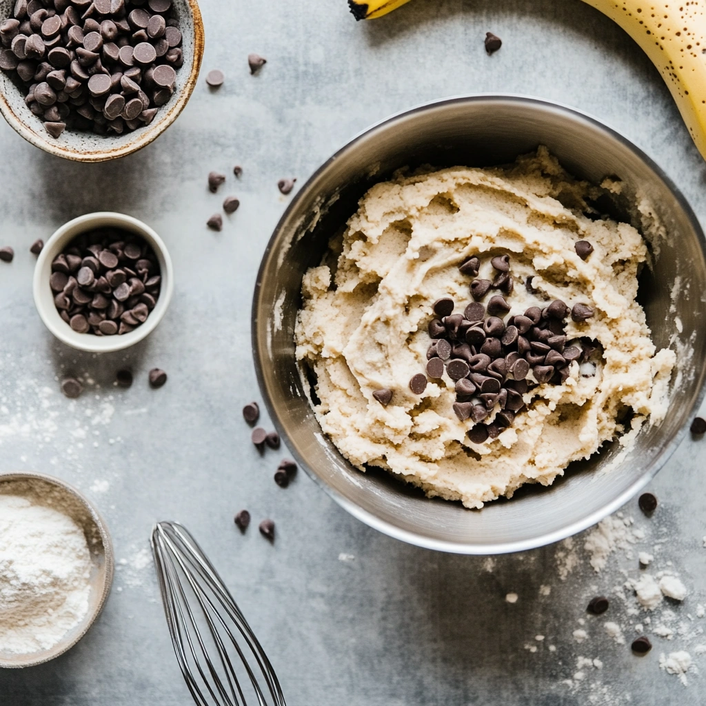 Mixing bowl with mashed bananas, flour, and chocolate chips ready for making banana bread.