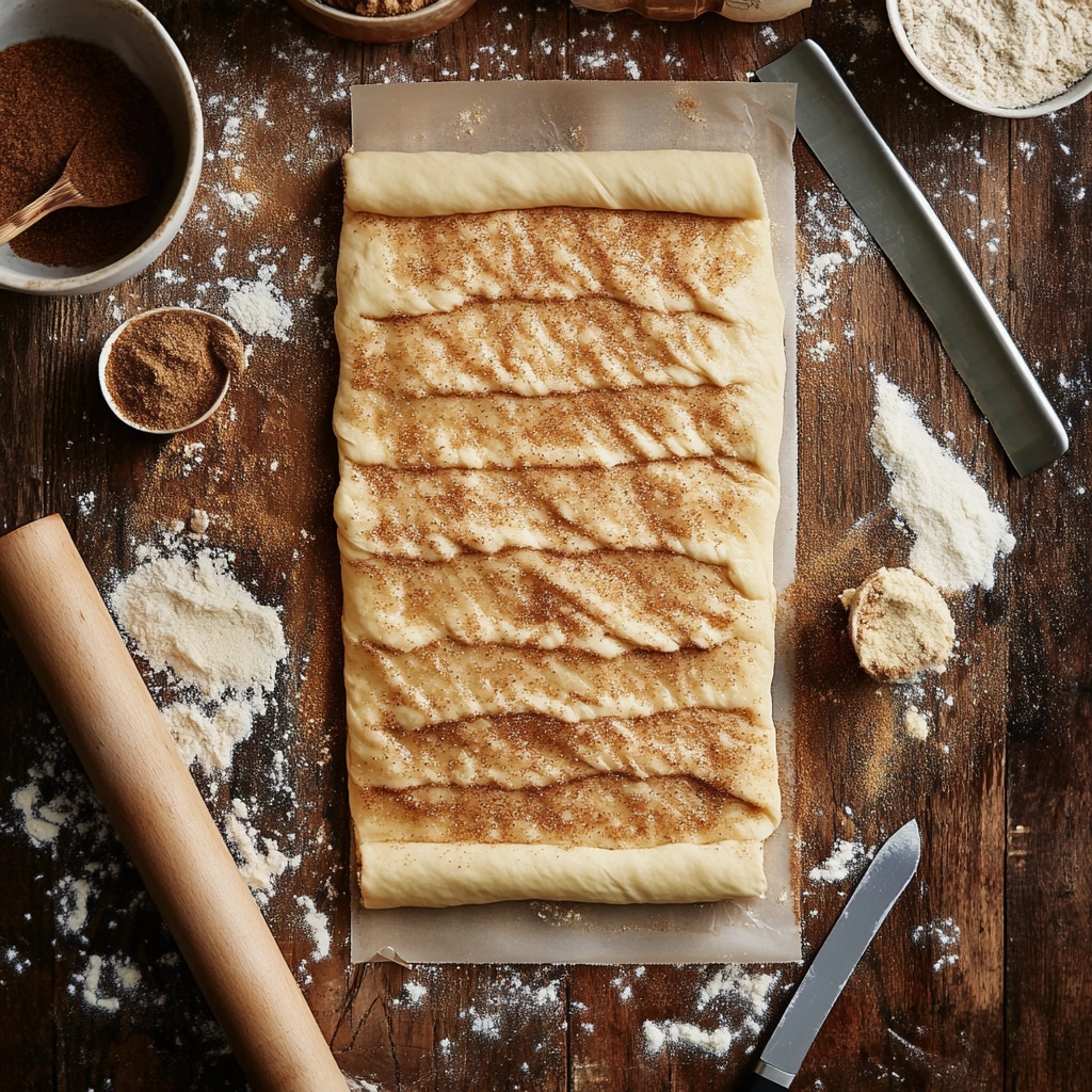 Dough rolled out with cinnamon sugar filling, ready to be shaped into cinnamon rolls, surrounded by baking tools.