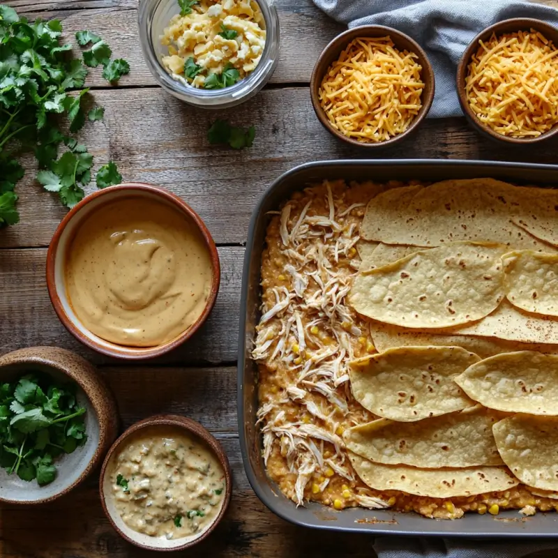 Layering tortillas, chicken, sauce, and cheese for King Ranch Chicken Casserole on a wooden countertop.