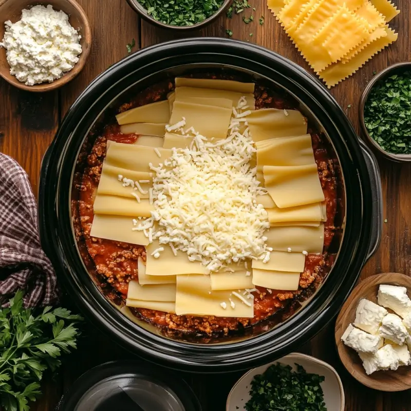 Overhead view of crockpot lasagna being layered with noodles, sauce, and cheese in a slow cooker.