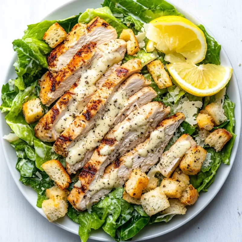 A vibrant Chicken Caesar Salad with crisp romaine lettuce, grilled chicken, crunchy croutons, creamy Caesar dressing, and garnished with Parmesan cheese and black pepper.