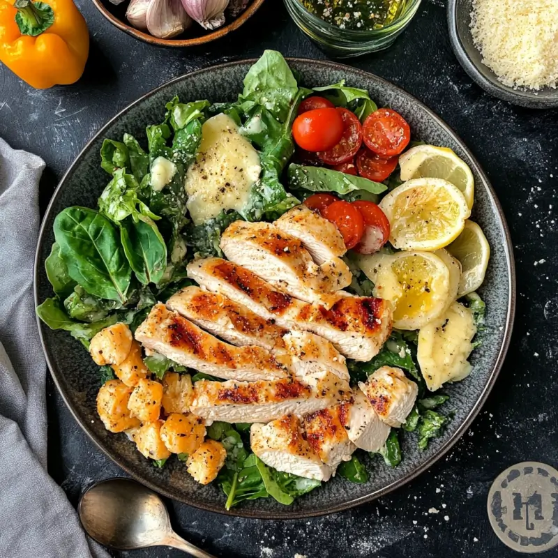 A vibrant Chicken Caesar Salad with crisp romaine lettuce, grilled chicken, crunchy croutons, creamy Caesar dressing, and garnished with Parmesan cheese and black pepper.