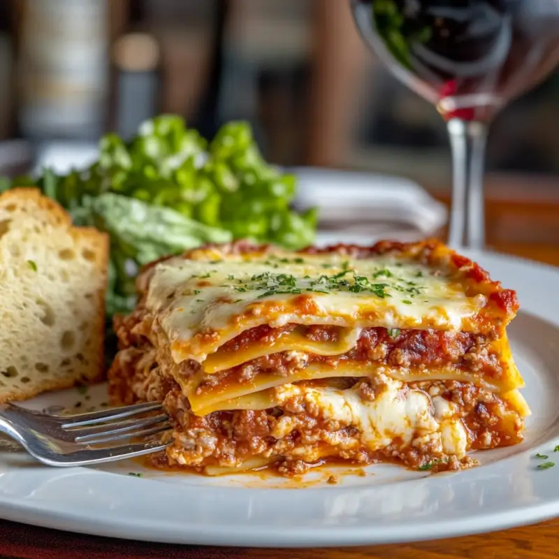 Plated slice of crockpot lasagna with visible layers, served with garlic bread, and salad