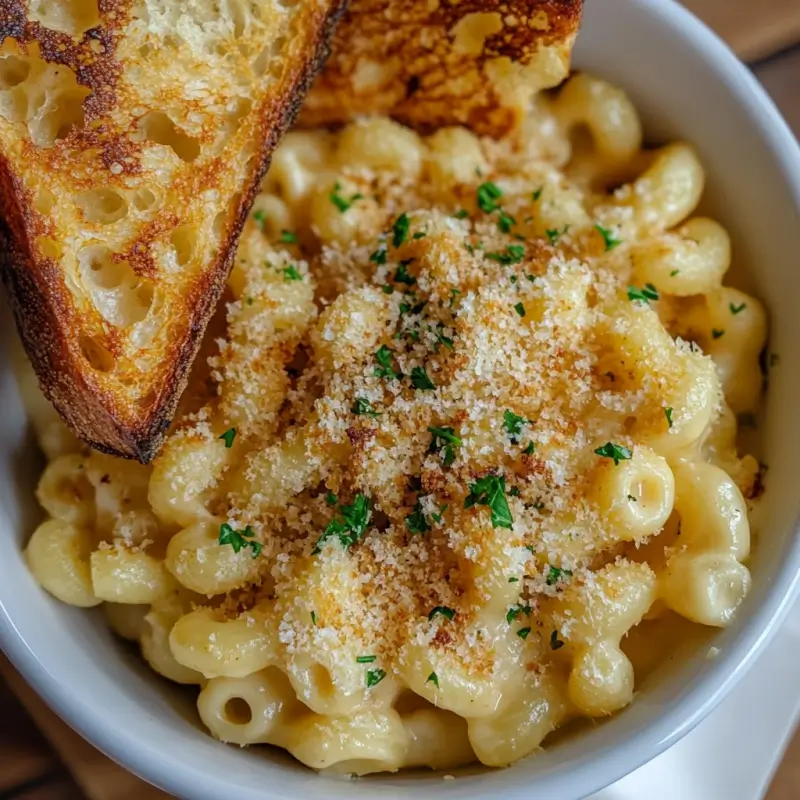 A beautifully plated serving of tiny mac and cheese, garnished with fresh parsley and ready to be served.