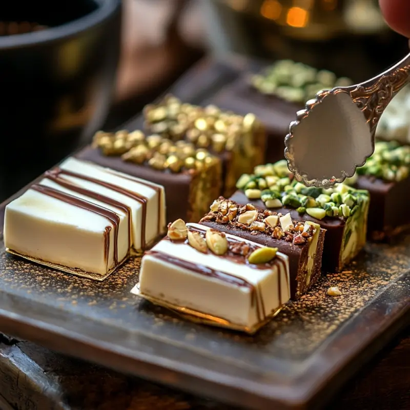 Finished Dubai chocolate bars served on a luxury platter.