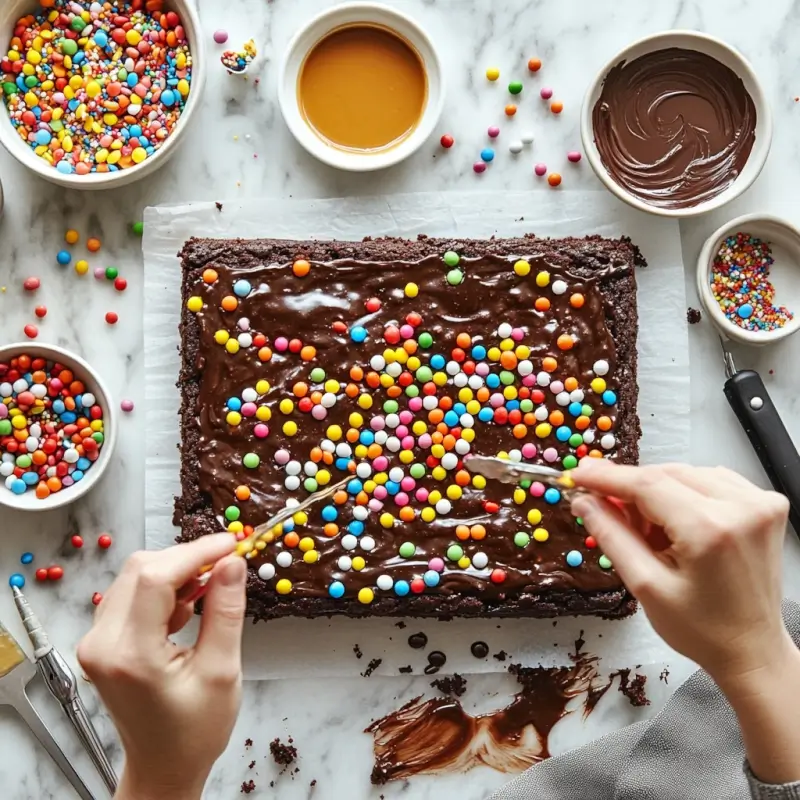 Hands sprinkling colorful candy pieces over ganache-topped brownies on a countertop with baking tools nearby.