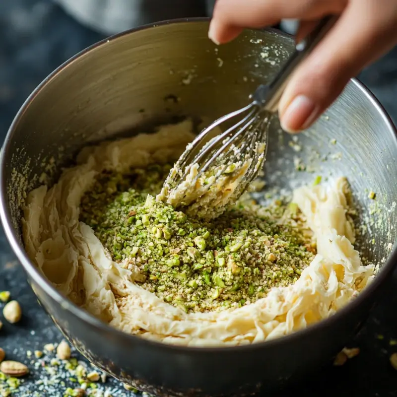 Mixing pistachio butter, tahini, and toasted kataifi for the filling.