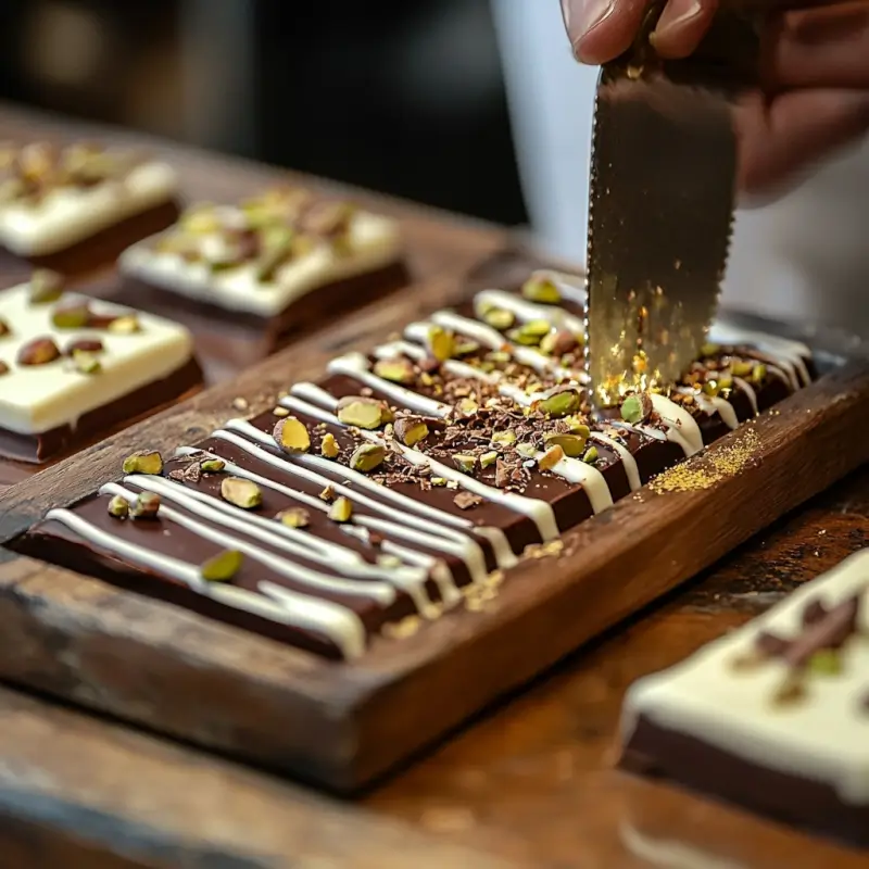 Dubai chocolate bars garnished with pistachios, white chocolate drizzle, and edible gold.