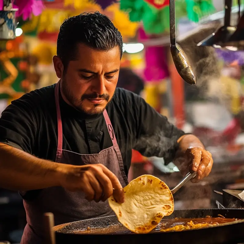 Chef preparing Birria Tacos at a street food stall, dipping tortillas into rich consommé and frying them on a griddle, with colorful Mexican decorations in the background.