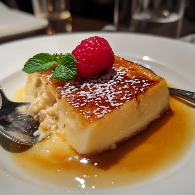 Close-up of crème brûlée with a golden caramelized sugar crust and smooth custard base, highlighting its rich flavor and texture.