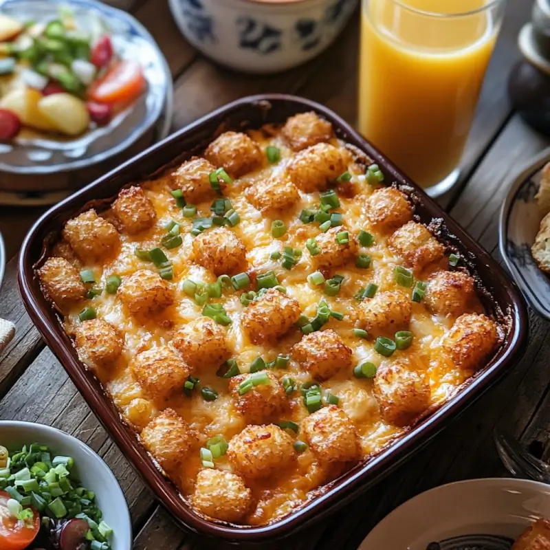 Golden Tater Tot Breakfast Casserole with crispy tater tots, melted cheese, and green onion garnish, served in a rustic casserole dish with breakfast sides on a wooden table