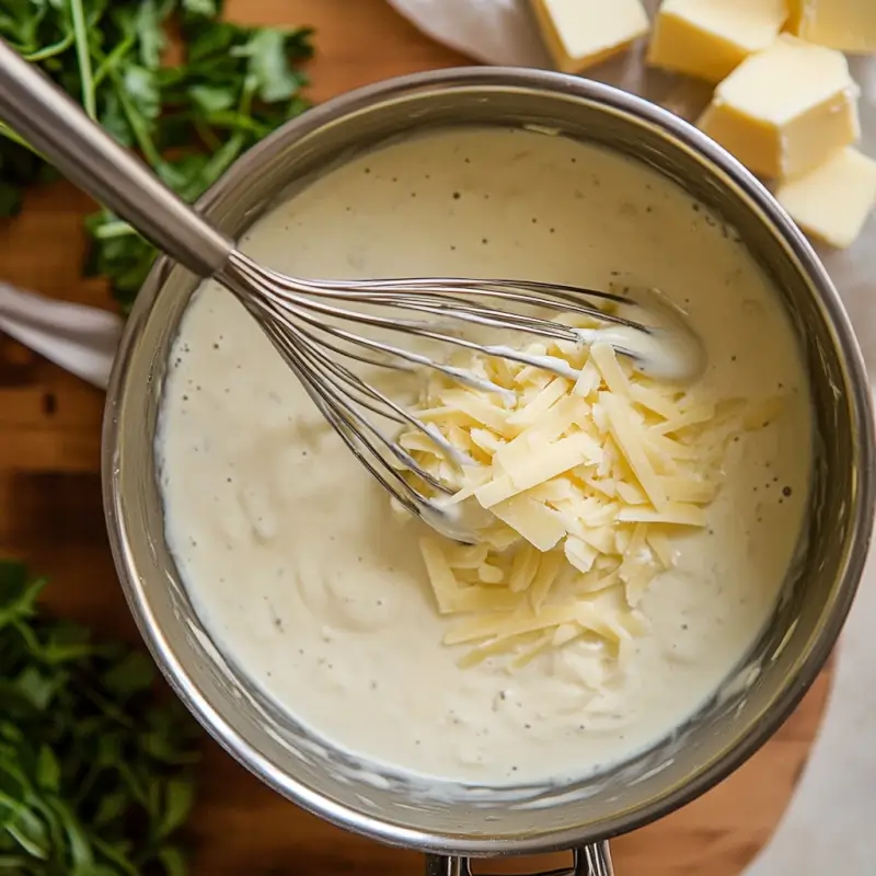 A creamy cheese sauce being whisked in a saucepan with butter, milk, and grated cheese being added to the mixture.