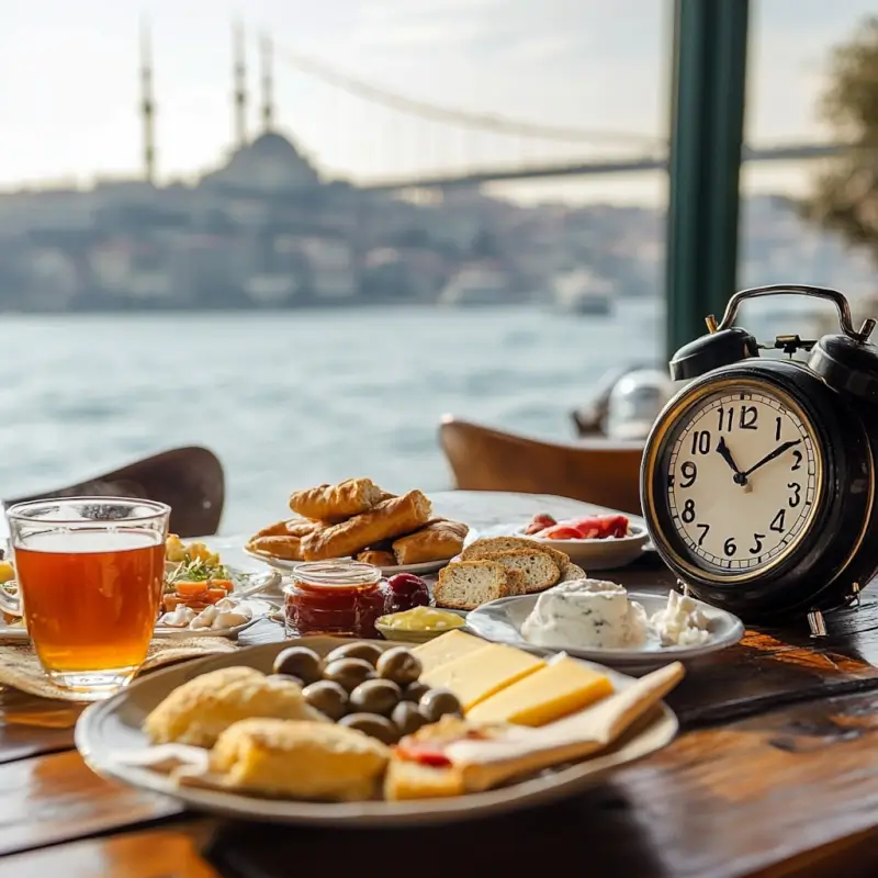 Traditional Turkish breakfast spread overlooking the Bosphorus with olives, cheese, simit, menemen, and Turkish tea, set during a serene morning.