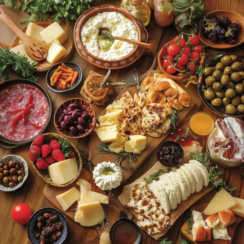 A traditional Turkish breakfast spread featuring fresh bread, cheeses, olives, tomatoes, cucumbers, honey, and Turkish tea served in authentic glass cups.