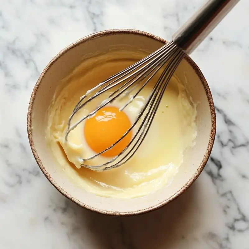 A flat lay of pancake ingredients: flour, milk, butter, eggs, sugar, salt, and vanilla extract on a wooden surface.