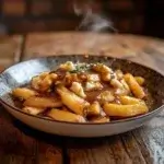 Plate of authentic Canadian poutine with golden fries, cheese curds, and brown gravy on a rustic table.