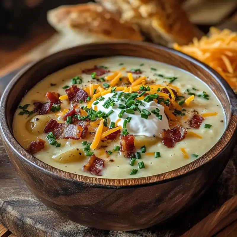 Loaded Baked Potato Soup with Bacon, Cheese, and Chives in a Rustic Bowl