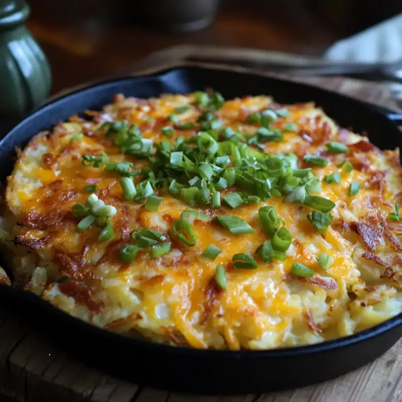 A rustic breakfast casserole featuring a golden-brown hashbrown crust with melted cheddar cheese and fresh parsley garnish, served in a vintage ceramic dish. The casserole sits on a wooden table alongside biscuits, a pitcher of orange juice, and a steaming cup of coffee, bathed in warm morning sunlight