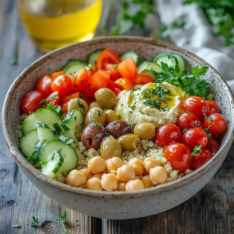 A colorful plant-based power bowl featuring quinoa, chickpeas, cherry tomatoes, cucumber, kalamata olives, and a dollop of hummus, garnished with fresh parsley and drizzled with olive oil, presented in a ceramic bowl on a rustic wooden table