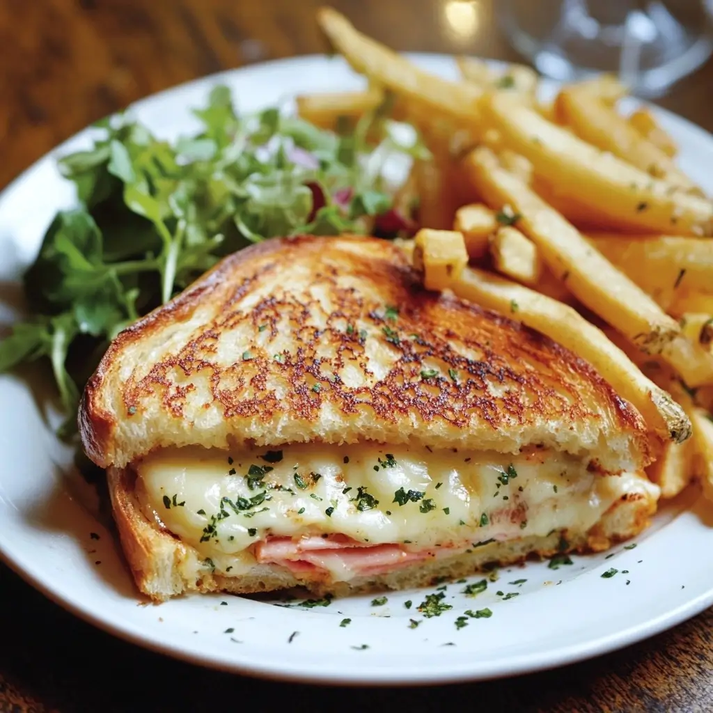 A classic Croque-Monsieur is served with minimal embellishments. Often, it’s plated alongside a light salad or neatly arranged fries, allowing the sandwich to take center stage.