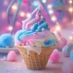 A bowl of cotton candy ice cream with pastel pink and blue swirls, topped with fluffy cotton candy and colorful sprinkles, set on a whimsical carnival-inspired backdrop.