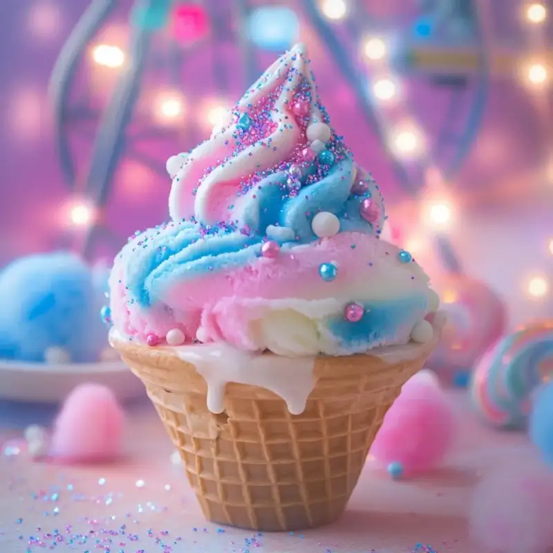 A bowl of cotton candy ice cream with pastel pink and blue swirls, topped with fluffy cotton candy and colorful sprinkles, set on a whimsical carnival-inspired backdrop.