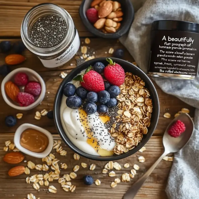 A kitchen countertop with ingredients for making homemade protein granola, including a mixing bowl with oats, nuts, and seeds, jars of honey and almond butter, a scoop of protein powder, and a lined baking sheet. Warm natural lighting enhances the cozy atmosphere.