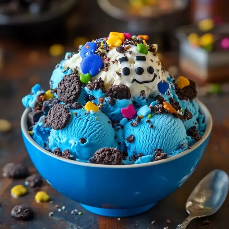 A bowl of Cookie Monster Ice Cream, bright blue with cookie chunks and colorful garnishes, perfect for a fun dessert.