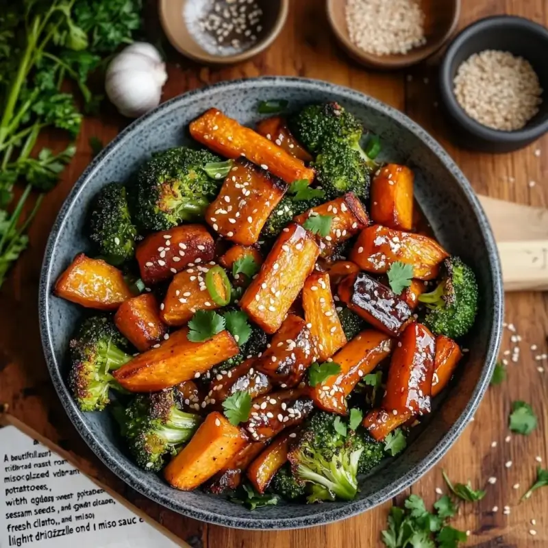 Plate of roasted miso-glazed vegetables, including carrots, broccoli, and sweet potatoes, garnished with sesame seeds and fresh cilantro, with small bowls of miso paste and soy sauce in the background on a rustic wooden table.