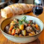 A bowl of Lamb Navarin, a traditional French stew with tender lamb, carrots, turnips, and potatoes in a rich brown sauce, garnished with fresh herbs, served with crusty bread and red wine on a rustic wooden table.