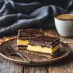 A close-up of classic Nanaimo Bars with three distinct layers: a chocolatey coconut base, creamy custard filling, and glossy chocolate topping, served on a white plate.