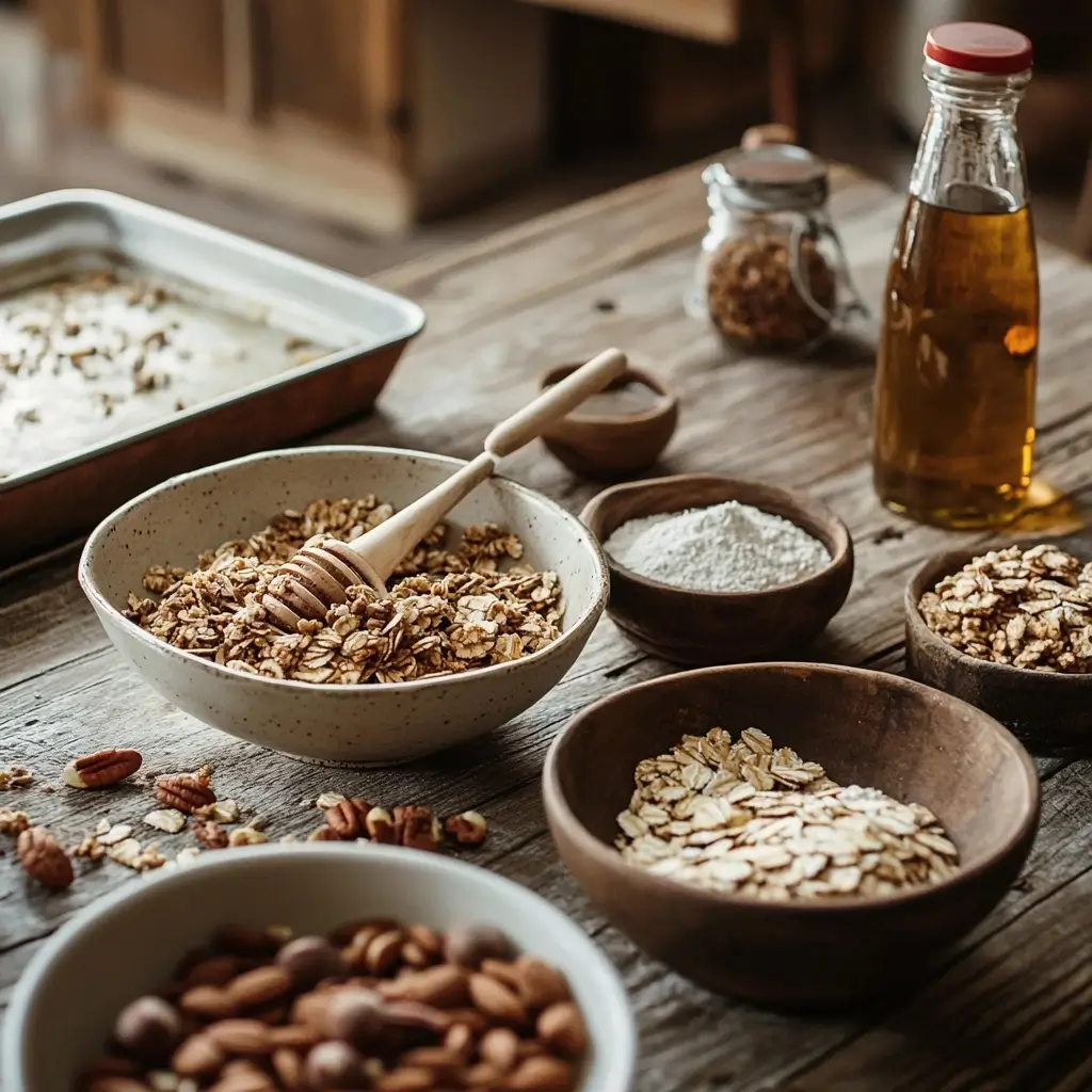 A rustic kitchen scene showing the process of making homemade granola, with bowls of oats, nuts, seeds, and dried fruits, a mixing bowl with a spatula, and a parchment-lined baking tray ready for baking.