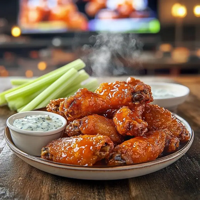 A plate of crispy Buffalo wings coated in tangy red-orange hot sauce, served with celery sticks and blue cheese dressing on a rustic wooden table, with a blurred sports bar in the background.