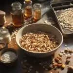 A bowl of freshly baked homemade granola with oats, nuts, seeds, and dried fruits on a rustic wooden table, surrounded by small jars of honey, syrup, and additional ingredients.