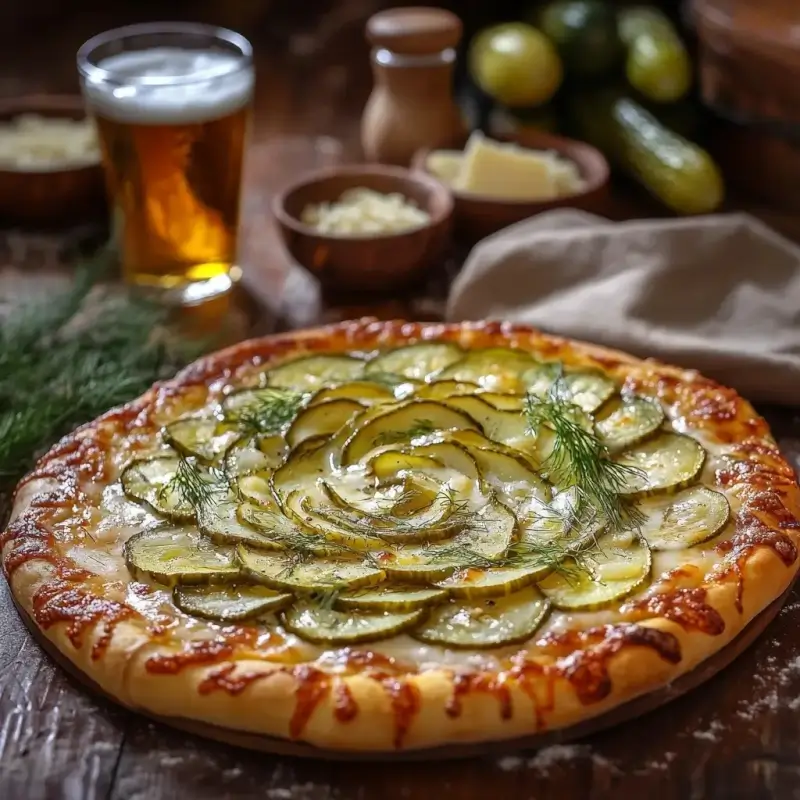 A gourmet pickle pizza with a crispy golden crust, melted mozzarella, thinly sliced pickles arranged in a spiral, and fresh dill garnish on a rustic wooden table.