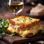 A beautifully plated Croque Monsieur sandwich with golden, toasted bread, melted Gruyère cheese, thinly sliced ham, and creamy béchamel sauce, served on a rustic wooden board alongside a fresh green salad with vinaigrette, with a glass of white wine in the background, set in a cozy French café atmosphere.