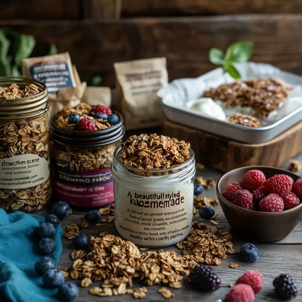 A vibrant kitchen display of homemade granola in various forms, including jars of flavored granola, a yogurt parfait with granola and berries, and granola bars on parchment paper, all set on a rustic wooden table with warm natural lighting.