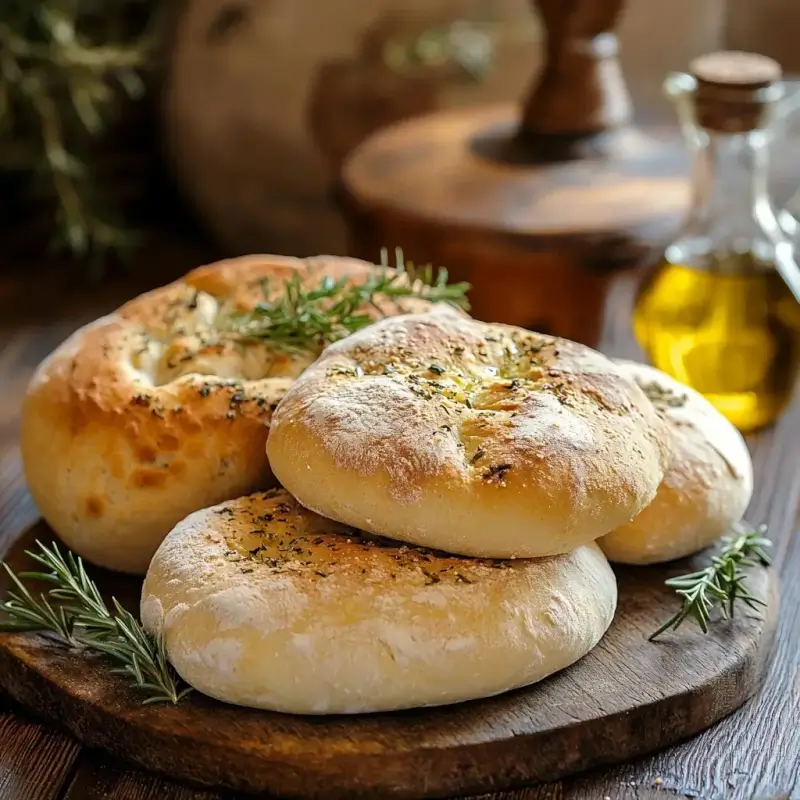 Crusty artisan Italian breads, including ciabatta, focaccia, and Pane Toscano, on a wooden table with olive oil and herbs.