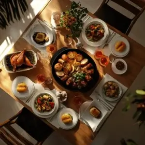 A beautifully set dinner table with a variety of homemade dishes, including a colorful stir-fry, baked pasta, tacos, and stir-fried rice, surrounded by rustic wooden decor and warm, ambient lighting.