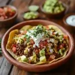 A close-up of flavorful ground beef tacos with fresh toppings, served on a rustic wooden table.