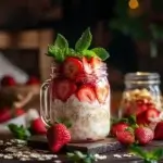 Layered jar of strawberry buttermilk overnight oats with creamy oats, fresh strawberry slices, a drizzle of honey, and a mint garnish, surrounded by fresh strawberries, oats, and a jug of buttermilk on a rustic wooden table with soft natural light.