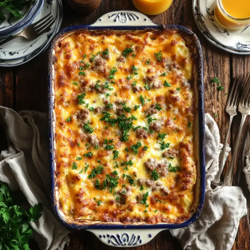 A golden-brown cheesy Amish breakfast casserole in a rustic dish, garnished with parsley, on a farmhouse table.