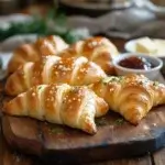 Golden crescent rolls on a wooden table with butter and jam bowls in a warm kitchen setting.