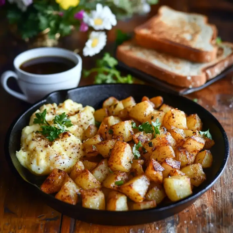 Plate of crispy breakfast potatoes with eggs and toast.