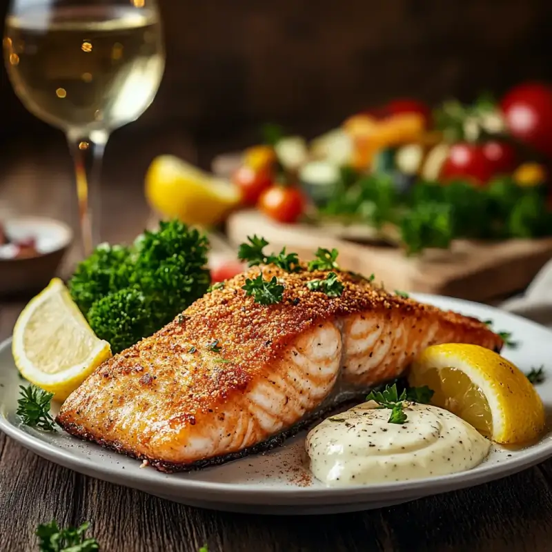 Golden, crispy deep-fried salmon fillet garnished with lemon wedges and parsley, served with tartar sauce and colorful vegetables