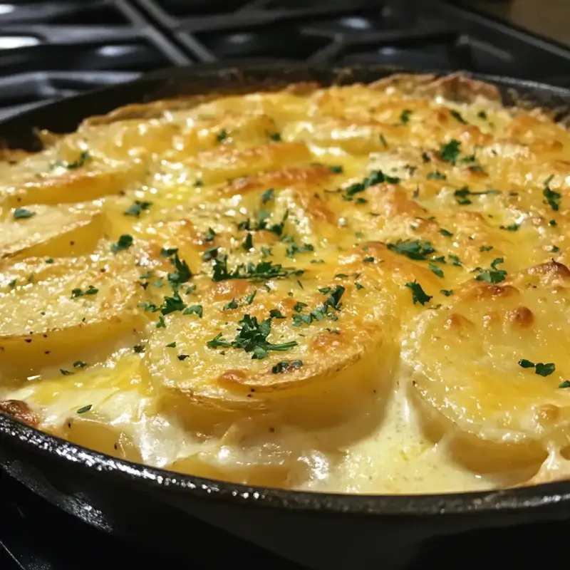 A close-up of golden-brown cheesy scalloped potatoes in a baking dish, with layers of tender potato slices and creamy cheese sauce topped with fresh parsley