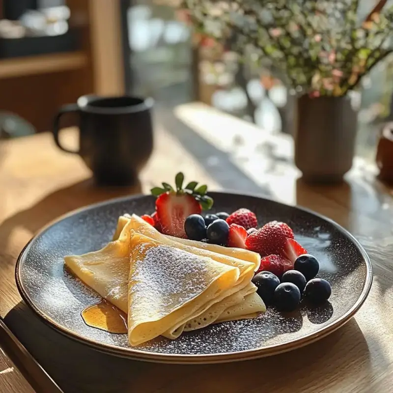 Easy crepes with a variety of fresh fruits and syrup drizzle.