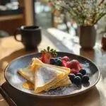 Golden crepes topped with fresh strawberries, blueberries, and syrup on a rustic wooden table.