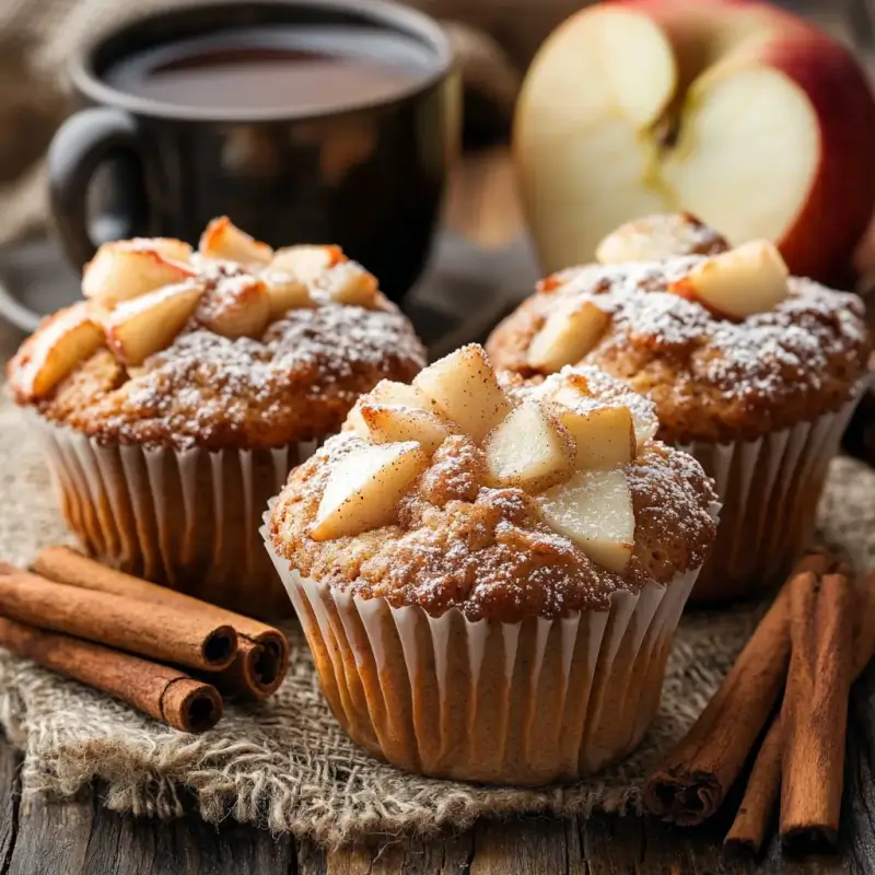 Freshly baked apple cinnamon muffins with golden-brown tops, garnished with powdered sugar, cinnamon sticks, and apple slices on a rustic wooden table.